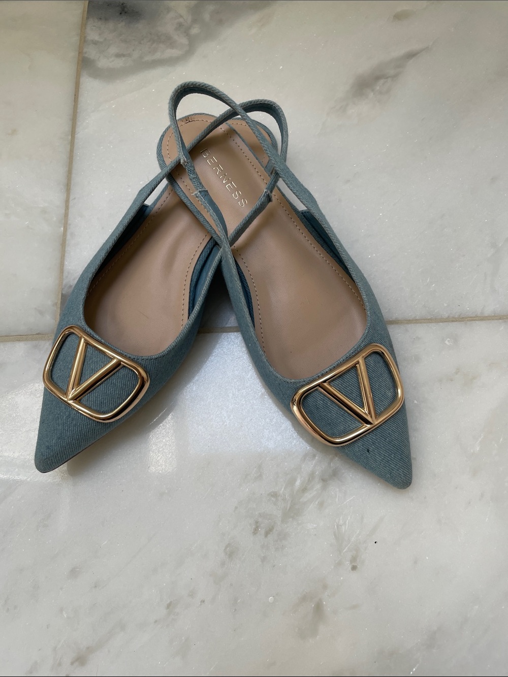 Pointed Slingback Flats with Gold V Emblem in Slate Blue